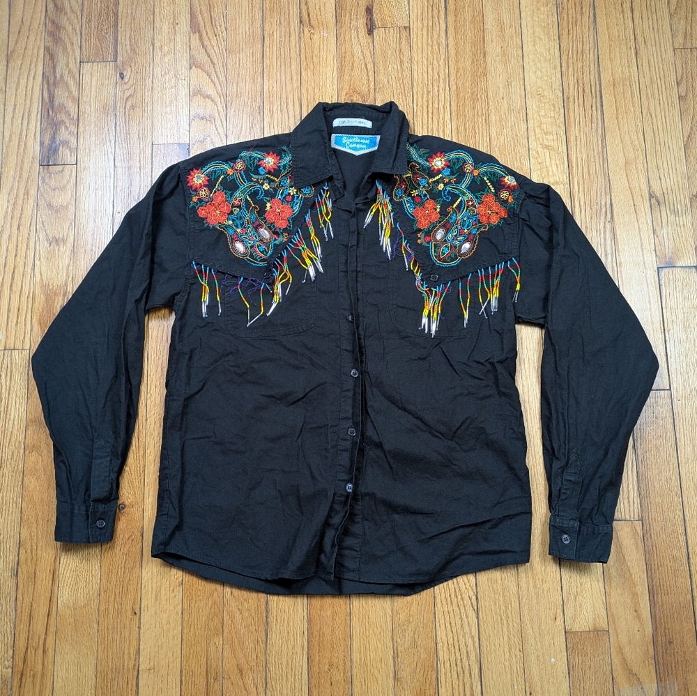 Womens Black Embroidered Bejeweled Western Shirt Size Medium